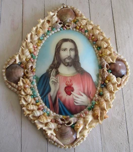 Vintage katholisch religiös Jesus Herz Herz Bild konvex Glas Muschel Rahmen - Bild 1 von 7