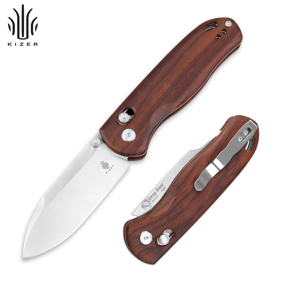 Kizer Drop Bear EDC Folding Pocket Knife Nitro V Steel Blade Wood Handle V3619A6 - Image 1 of 4