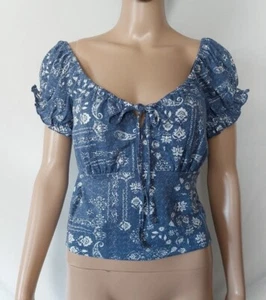 Blusa corta de manga abullonada para mujer Junior azul cuello redondo corbata frontal talla XXL - Imagen 1 de 5