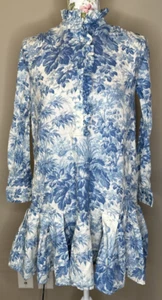 TUCKERNUCK Tate Dress Misty Blue Toile Linen Blend Sz Small Spring Floral Ruffle - Picture 1 of 10
