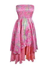 Boho Pink Flared Skirt Hi Low Strapless Dress Two Layer Floral Print Skirts SM