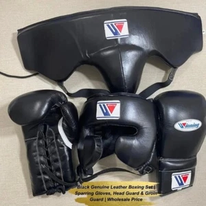 Juego de Boxeo de Cuero Genuino Negro de Alta Calidad - Guantes, Protector de Cabeza y Protector de Ingule - Imagen 1 de 5