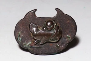 Netsuke Inro Sagemono Era Edo Japonés Antiguo Hierro Metal Plata Incrustación Gato - Imagen 1 de 5