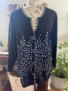 Boston Proper Women's Sweater Large Black Sequin Embellished Fairy Classy Goth - Picture 1 of 12
