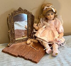 Ballet Display Set Porcelain Doll Pink Dress Resin Stand Mirror Dance Shoes