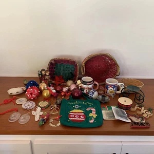 Large VTG Lot Christmas Items Ornaments Baskets Mugs Candleholders Balls Bows - Picture 1 of 12