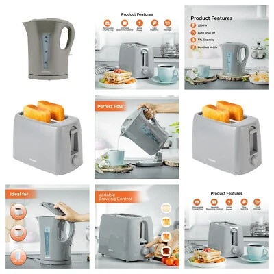 GEEPAS GRAU 1,7 LTR ELEKTRISCHER AKKU KESSEL & 2 SCHEIBEN BREITER SCHLITZ COOL TOUCH TOASTER SET