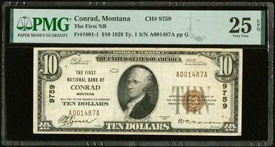 1929 $10 The First National Bank of Conrad, Montana CH. 9759 PMG 25 VF - Image 1 of 3