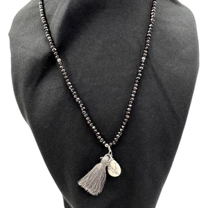 Jet Black Grey Charming Charlie Beaded Boho Tassel Long 17" Necklace w/extender - Picture 1 of 10