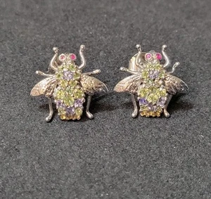 Natural Peridot , Ruby & Tanzanite Bee 925 Sterling Silver Post Earrings 1140 - Picture 1 of 5