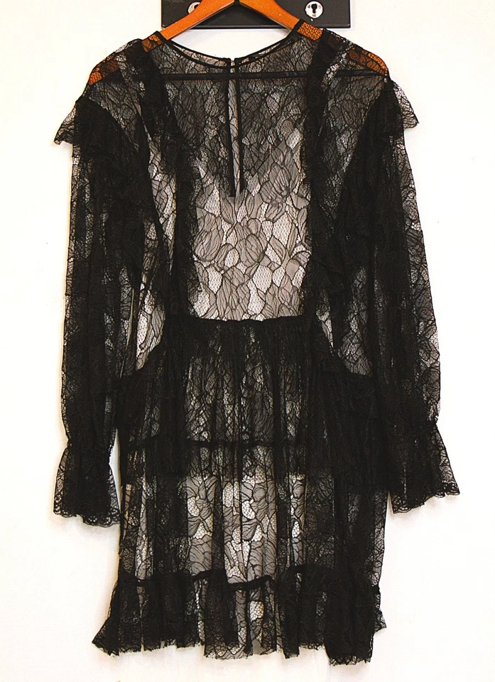 Zara Goth Lace Black Shift Dress Tiered Long Balloon Sleeves Button Ruffled - Image 1 of 3