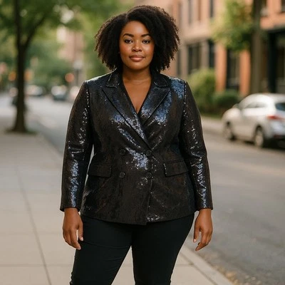 Blazer feminino de lantejoulas com peito duplo preto OS 14/16 - Imagem 1 de 4