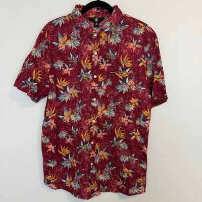Volcom Floral Button Up Short Sleeve Shirt Red Surf Casual Men’s Size Large - Image 1 of 4