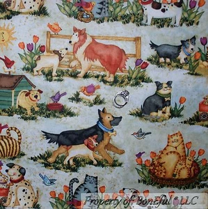 BonEful Fabric FQ Cotton Quilt Green Pet Farm Bird House Cat Dog Scenic Flower L - Picture 1 of 8