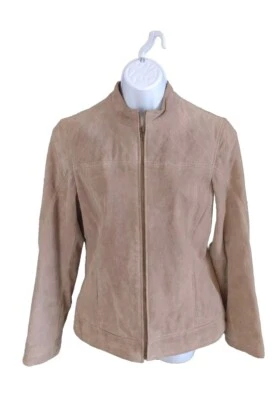 Chaqueta de moto tallada con volantes para mujer talla mediana de cuero gamuza tostado abrigo con cremallera completa Foto 1 de 4