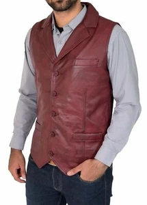 Men Genuine Lambskin Leather Waistcoat Western Vest Coat Cowboy Jacket Brown - Picture 1 of 4