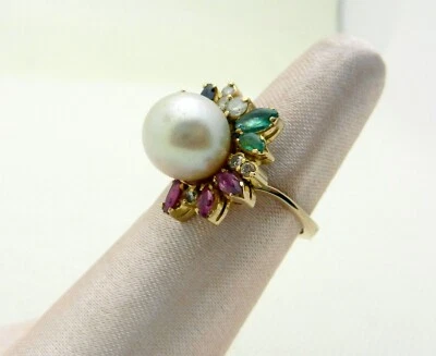 Beautiful Pearl with Gemstone Cluster Ring size 5.25, Solid 10k Gold - Image 1 of 4
