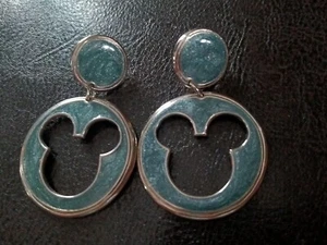Mickey Cutout Signed Walt Disney Drop Silver Tone Blue Iridescent Drop Earrings - Picture 1 of 5