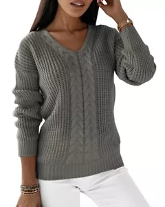 Ladiyo Women Sweaters Long Sleeve V Neck Solid Oversized Casual Knitted Pullover - Picture 1 of 4