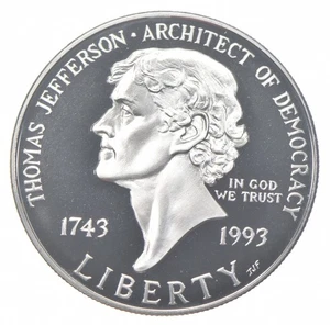 Proof 1993 Thomas Jefferson Democracy Silver US Commemorative 90% Silver Dollar - Picture 1 of 3