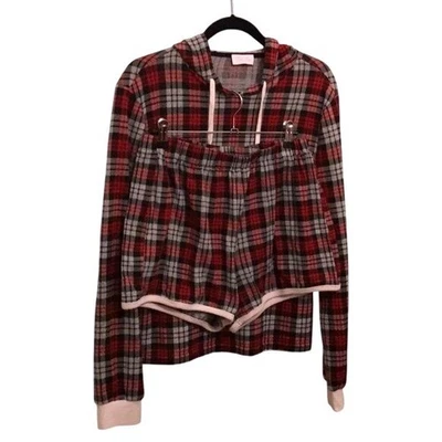 Pink Lily Plaid Lounge Set Hoodie & Shorts Pajamas Red Gray Black Cozy Womens LG - Image 1 of 4