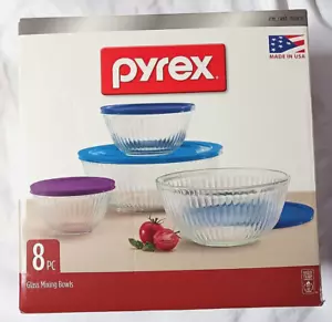 PYREX SCULPTURED GLASS MIXING BOWL 8 PIECE SET 3 CUP 6 CUP 10 CUP 4.5 QT NIB - Picture 1 of 12