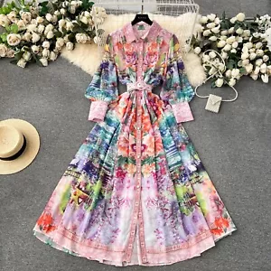 Holiday Flower Chiffon Maxi Dress Women's Lapel Long Lantern Sleeve Floral - Picture 1 of 17