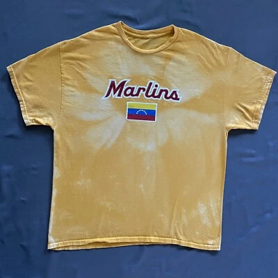 Miami Marlins T Shirt Adult XL Yellow Acid Wash Bleach MLB Venezuela Latino Used - Image 1 of 4
