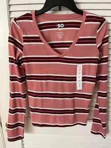 SNO Size XXS LS Junior's Pink & Mauve Striped V-Neck Pullover T-Shirt - Picture 1 of 3