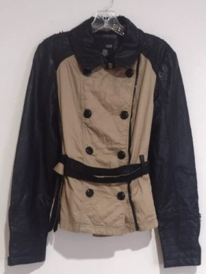 DISTRESSED Motorcycle Moto Jacket L Two-Tone Khaki Twill Black Vinyl zip cuffs - Image 1 of 4