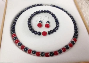 Natural 7-8mm Black Tahitian Pearl & 8mm Red Jade Necklace Bracelet Earrings Set - Picture 1 of 3