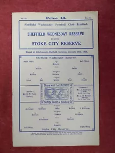 SHEFFIELD WEDNESDAY v STOKE C | 1931/1932 | RESERVES | 16 JAN 1932 | UK FREEPOST - Picture 1 of 3