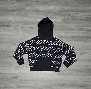 ADIDAS Big Girls Script Fleece Hoodie Pullover Black/ Silver - Picture 1 of 8