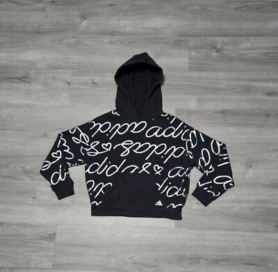 Adidas Big Girls Script Fleece Hoodie Pullover Black/ Silver - Image 1 of 4