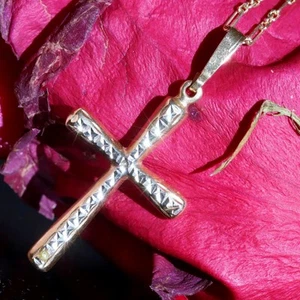 14k multi tone gold pendant 1.35" diamond cut cross charm vintage 0.70gr N3392 - Picture 1 of 24