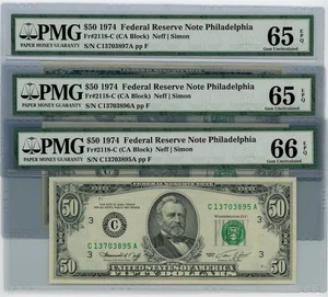 FR. 2118-C $50 1974 Federal Reserve Note 3 Consecutive 65-66 EPQ PMG DC-2566 - Picture 1 of 3