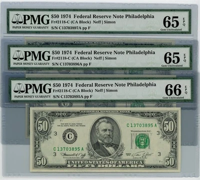 FR. 2118-C $50 1974 Federal Reserve Note 3 Consecutive 65-66 EPQ PMG DC-2566 - Image 1 of 3