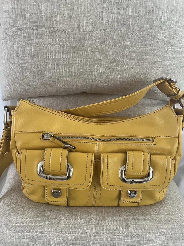 liz Claiborne Vintage Faux Leather Yellow Purse, Floral Print Interior Fabric. - Image 1 of 4