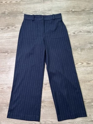 Pantalón Mango Franela Pierna Ancha Mujer 6 Azul Marino Rayas Hasta el Tobillo Foto 1 de 4