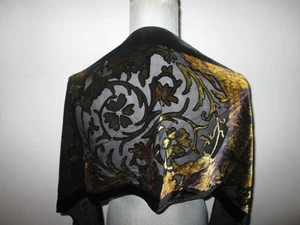 COCOON HOUSE Silk  Burnout Velvet Black + Brown Floral Neck Scarf 13" x 62" - Picture 1 of 4
