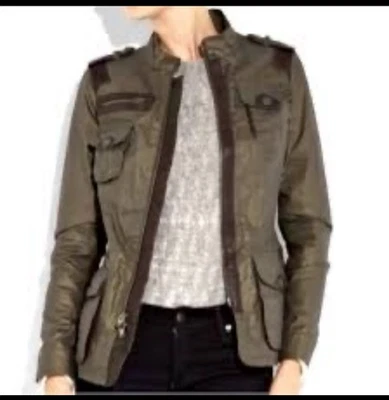 Abrigo chaqueta de campo de lona recubierta Vince talla L verde oliva con ribete de cuero Foto 1 de 4