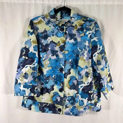 Coldwater Creek Cardigan Women's 12 Blue Floral Linen Blend Button Up - Image 1 of 4