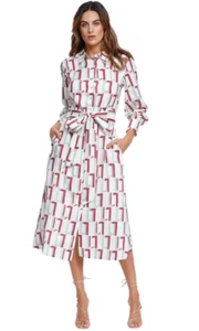 LEO LIN Linen Retro Print Shirt Midi Dress Size 8 AU | RRP 599 WITH DEFECTS - Picture 1 of 14