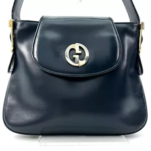 Vintage GUCCI Shoulder Bag Purse Interlocking G Leather Navy Auth - Picture 1 of 24