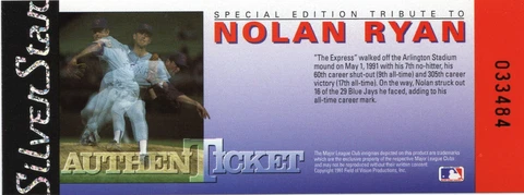 1991 Silver Star Texas Rangers Nolan Ryan Authenticket Commemorative Ticket Cover