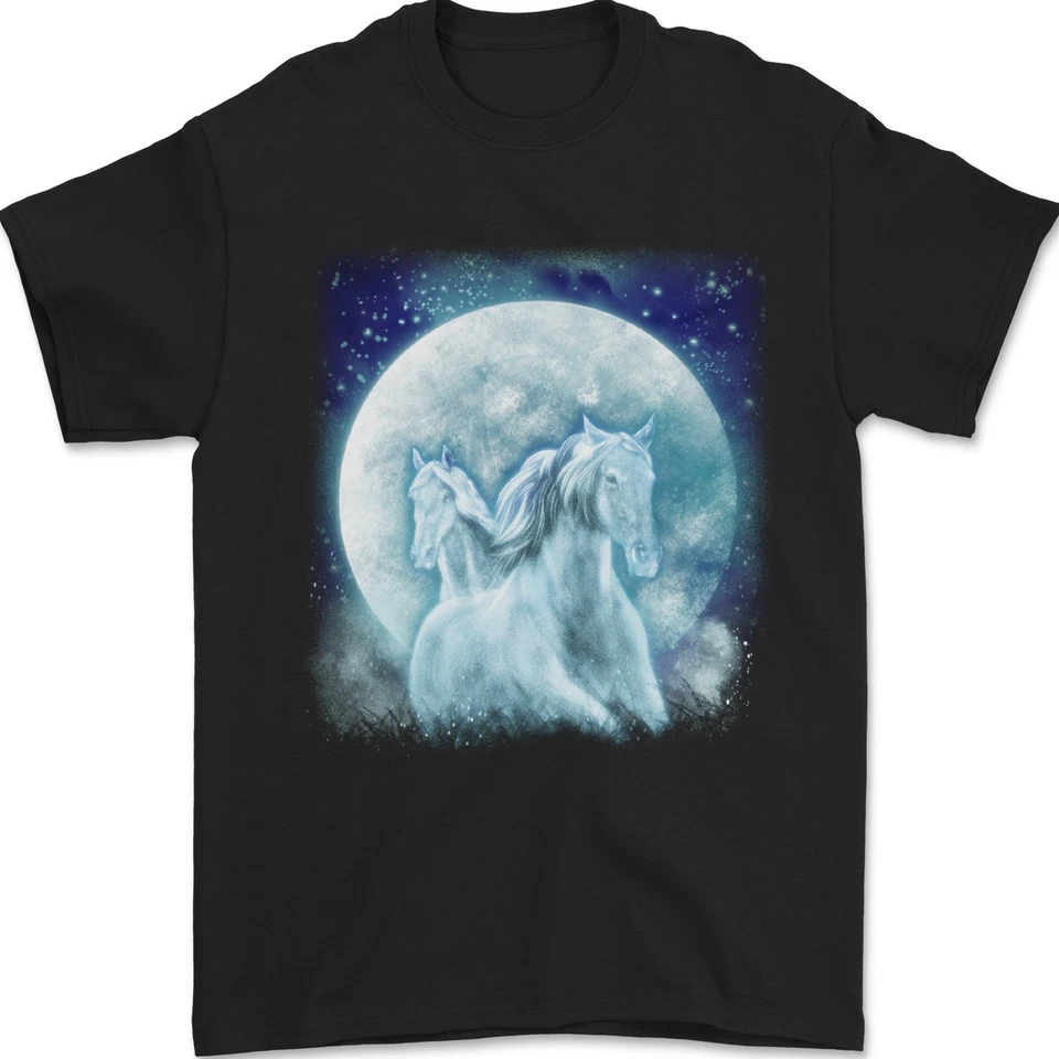 Pleine Lune Cheval Équitation Équestre T-Shirt 100% Coton - Photo 1/1