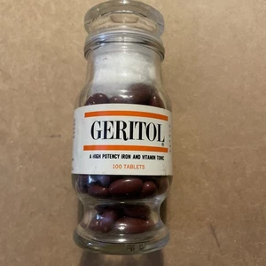 70er Jahre Drogerie Geritol Glasflasche Eisen Vitamin Tonic mit Stopfen 100 Ct - Bild 1 von 3