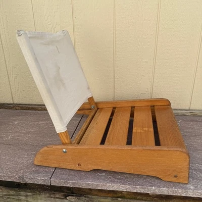 Wooden Wood Beach Vintage Low Short Lounge Folding TV Gaming Chair Oak Canvas - Image 1 of 4