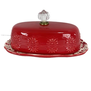 Pionierin Floral Bursts rot/weiß Steinzeug Deckel Schmuck Knopf Butterdose - Bild 1 von 14