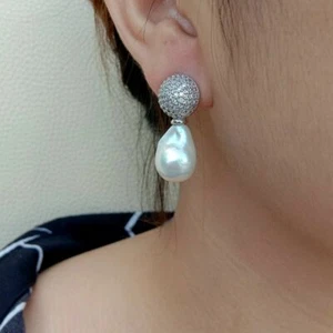 Cultured Freshwater White Baroque Keshi Pearl cz pave coin Stud Earrings - Picture 1 of 7